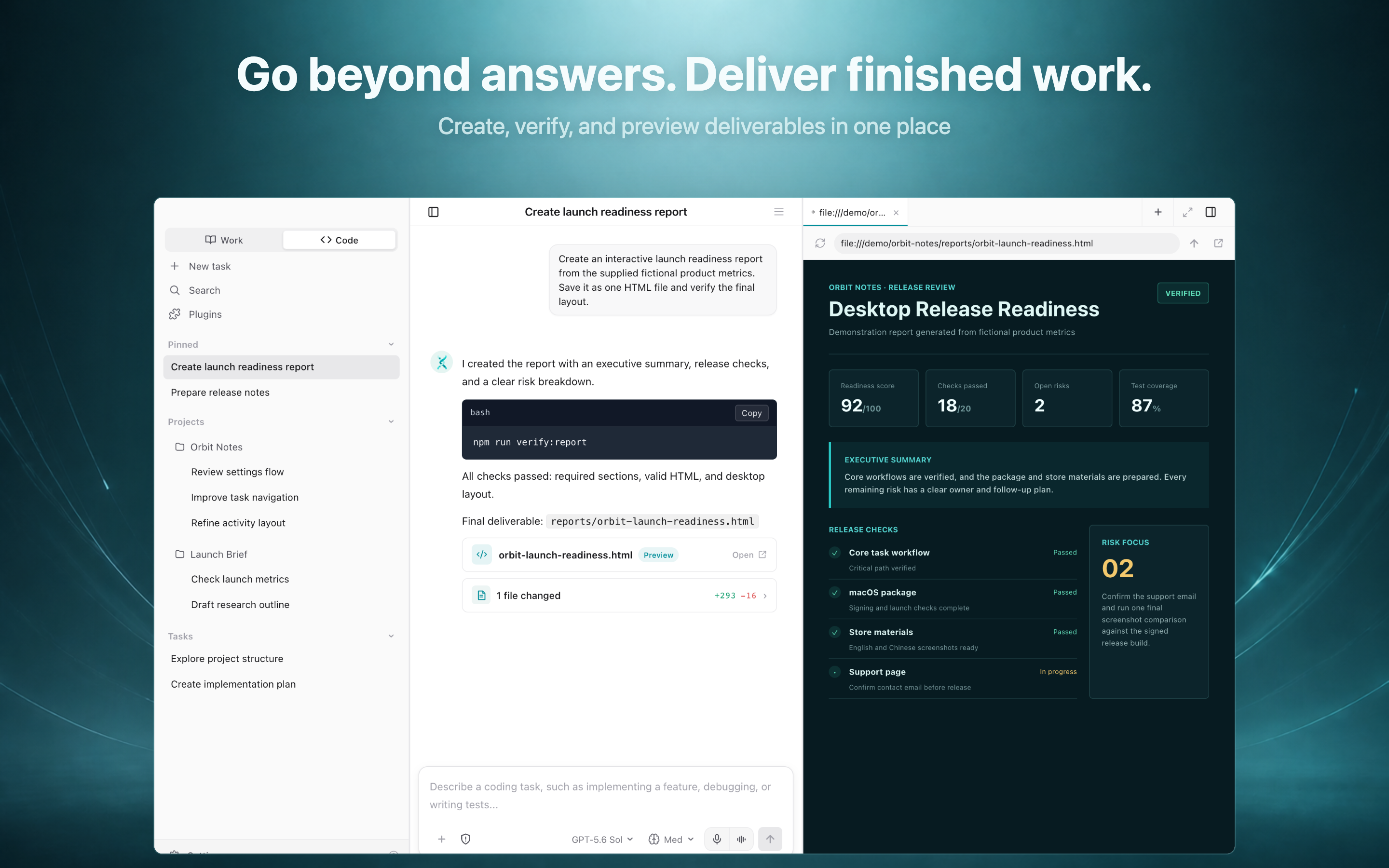 Helix Work showing an AI task, its execution record, and a finished report preview
