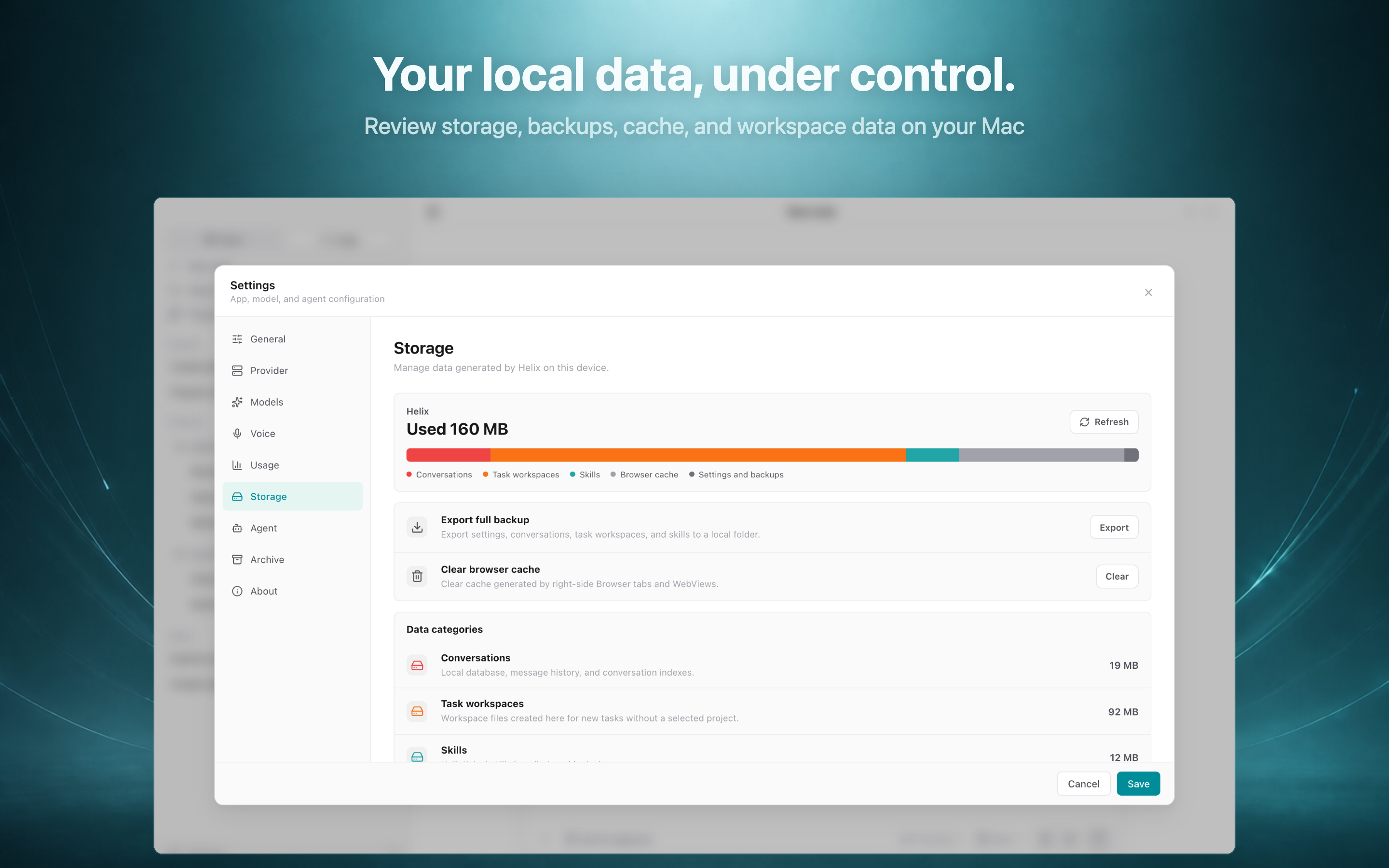 Helix Work local storage and backup controls
